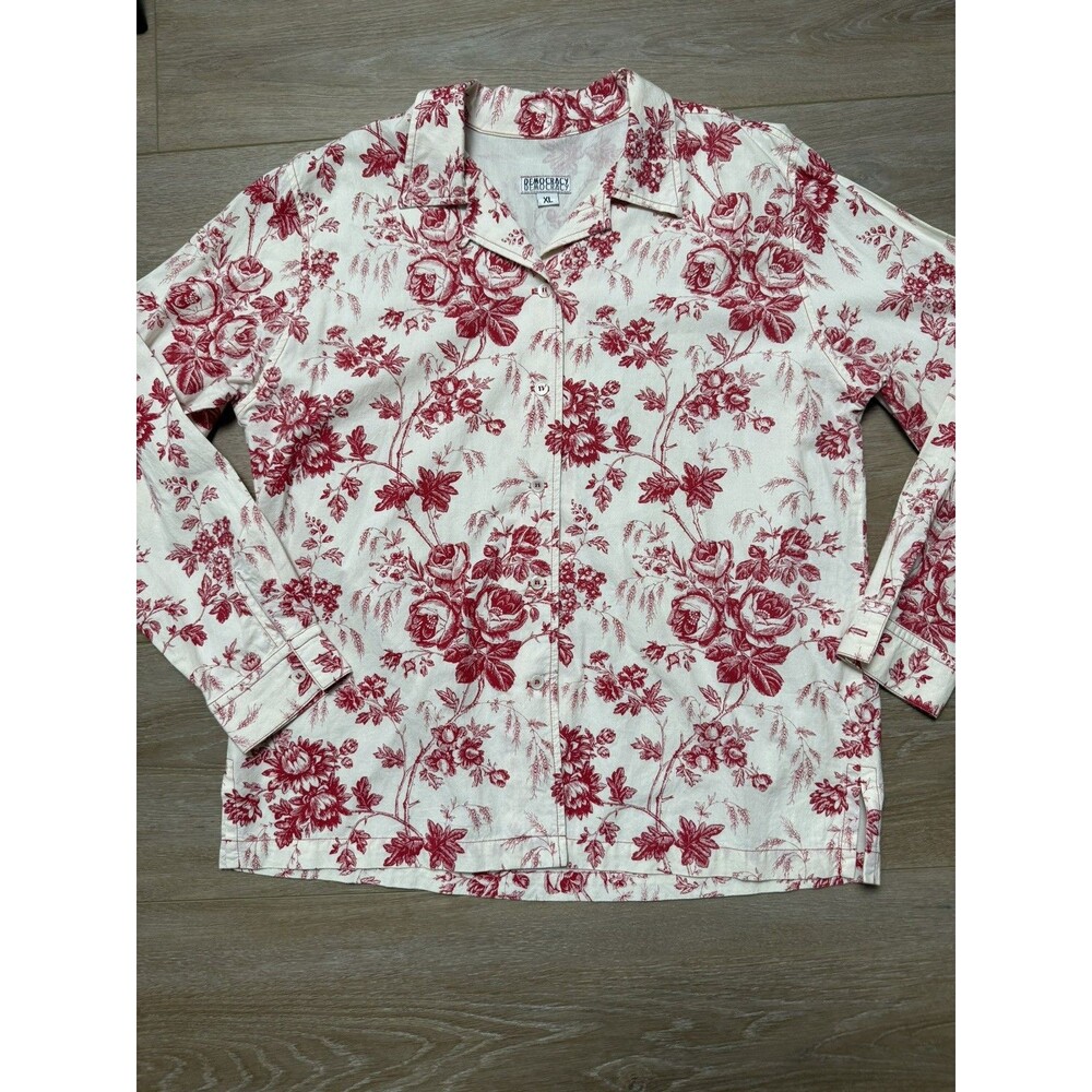 DEMOCRACY Floral Toile Button Down Shirt XL Red Cream Cottagecore Classic Top